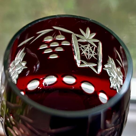 Set of 5 Vintage Cranberry Cut-to-Clear Bohemian-Style Cordial Glasses - Picture 5 of 13